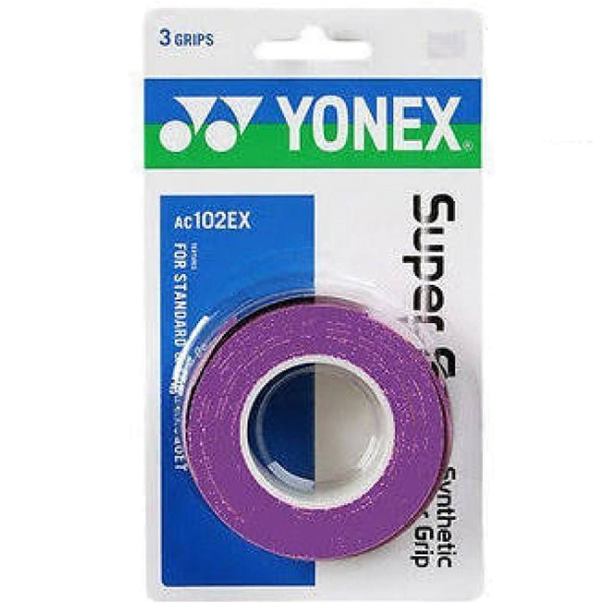 The Yonex AC102EX Super Grap Tennis Overgrip - 3 Pack in Purple offers exceptional sweat absorption, ideal for standard racquets. The packaging features a primarily white design with stylish blue and green accents.