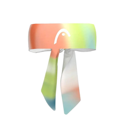 The HEAD Tennis Bandana - Print by HEAD features a multicolored abstract gradient of orange, green, blue, and white, a white logo, and two loose ends. It’s made from Moisture Transfer Microfibre for superior comfort.