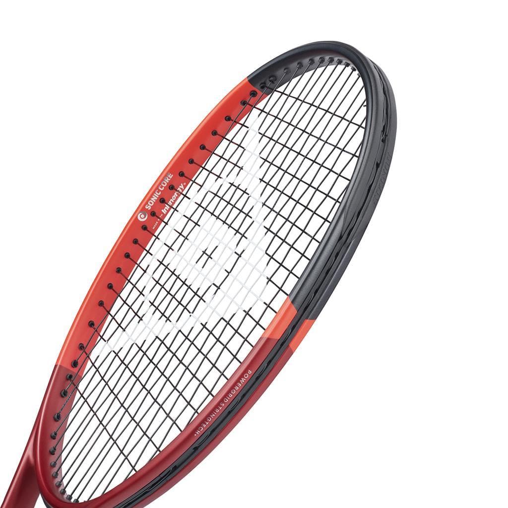 A close-up of the Dunlop CX 200 OS 2024 Tennis Racket in red and black with black strings and a white Dunlop logo, designed for intermediate players, set against a plain white background.