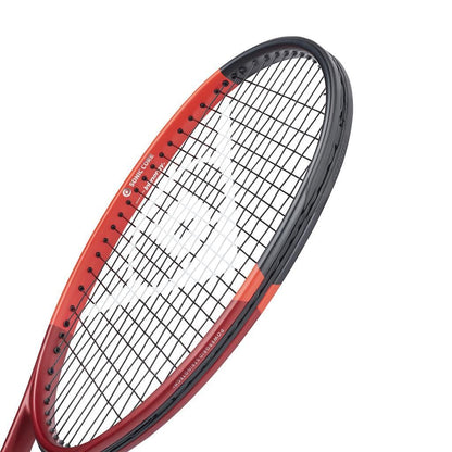 A close-up of the Dunlop CX 200 OS 2024 Tennis Racket in red and black with black strings and a white Dunlop logo, designed for intermediate players, set against a plain white background.