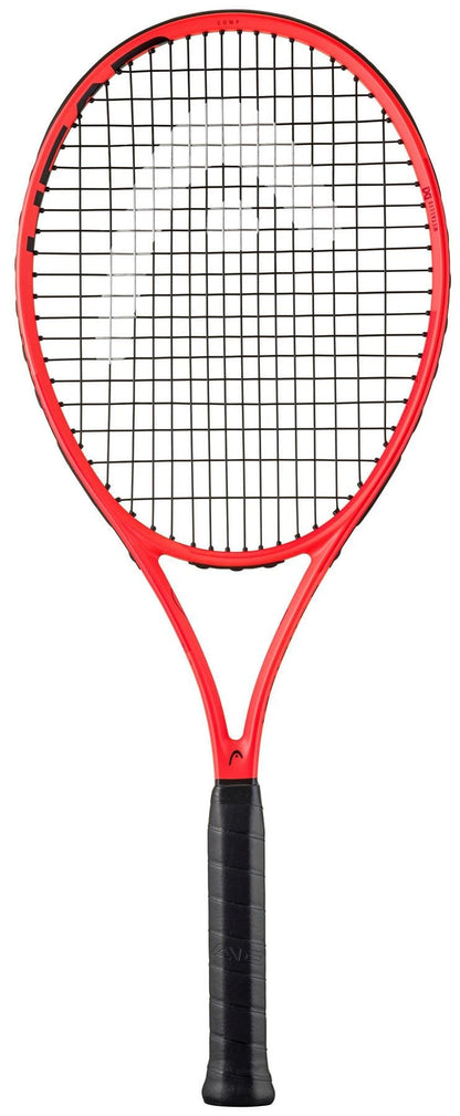The HEAD MX Attitude COMP Tennis Racket by HEAD is shown in red with a black grip, black strings, and a white logo on the string bed. This lightweight racket is ideal for beginners and is photographed on a white background.