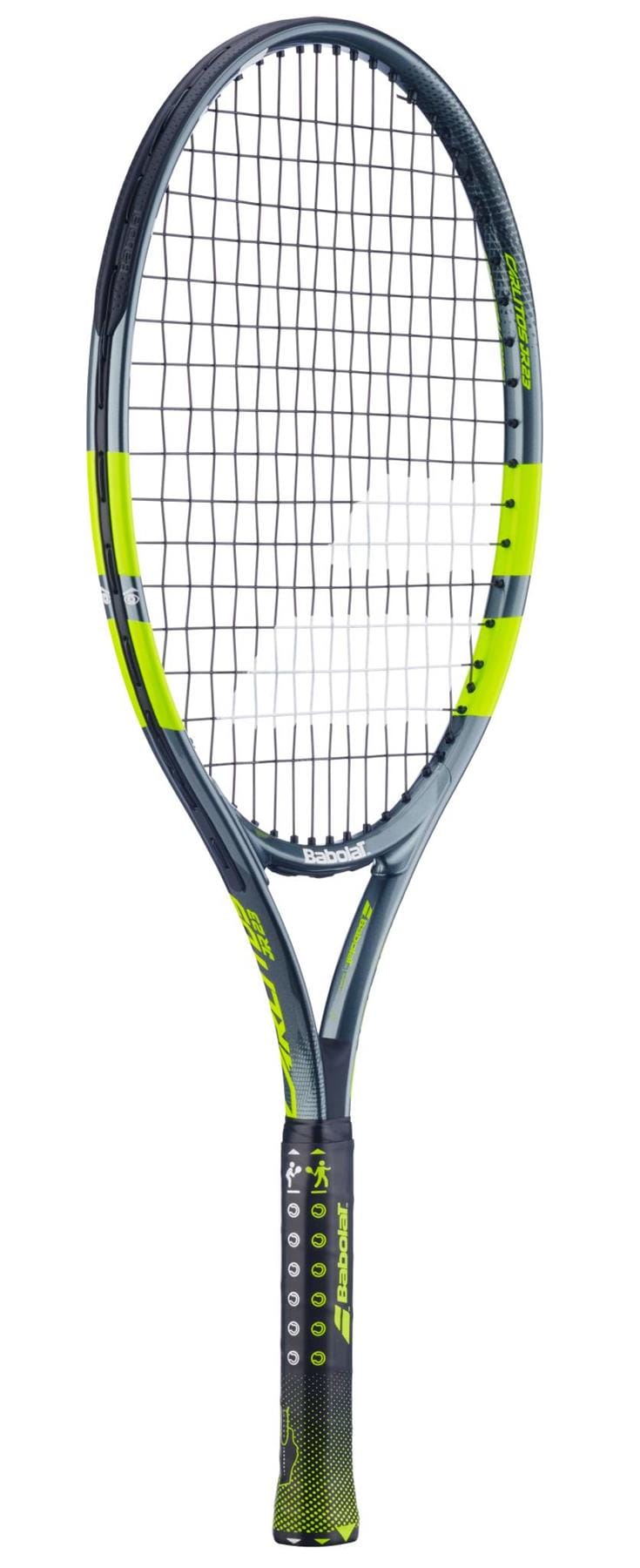 The Babolat Carlitos Junior 23 Tennis Racket by Babolat features a black and yellow design, black grip, and white strings. It is displayed vertically against a white background.