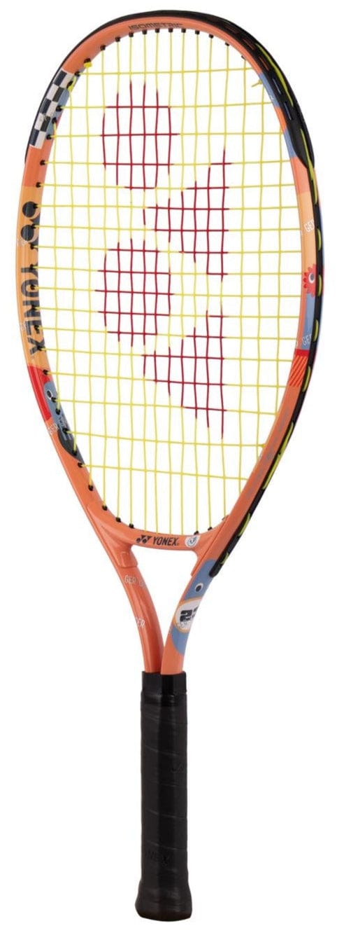 The Yonex Junior 23 Coral Orange Tennis Racket features a vibrant orange and blue frame, yellow strings with red logos, and a black grip—ideal for young players seeking a quality junior tennis racket.