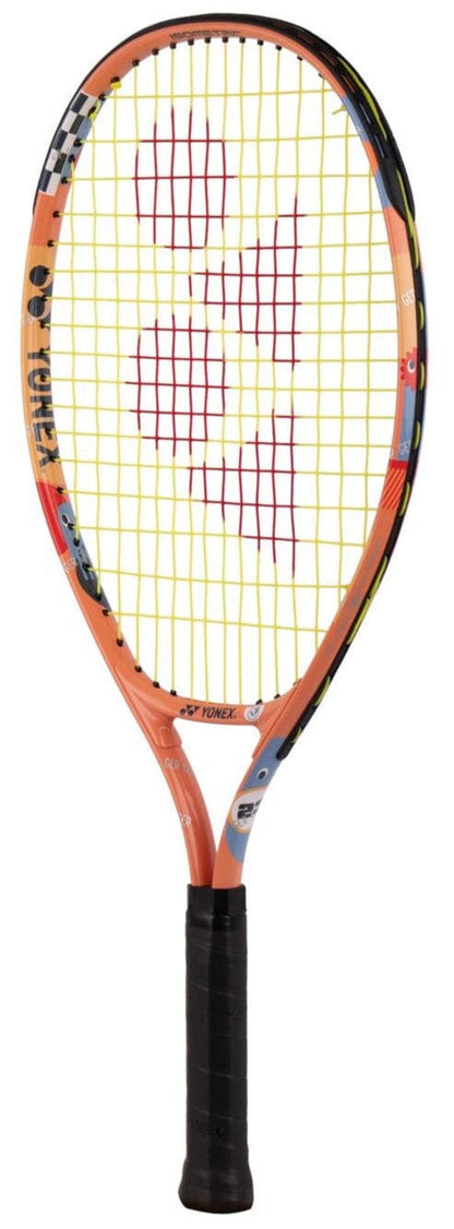 The Yonex Junior 23 Coral Orange Tennis Racket features a vibrant orange and blue frame, yellow strings with red logos, and a black grip—ideal for young players seeking a quality junior tennis racket.