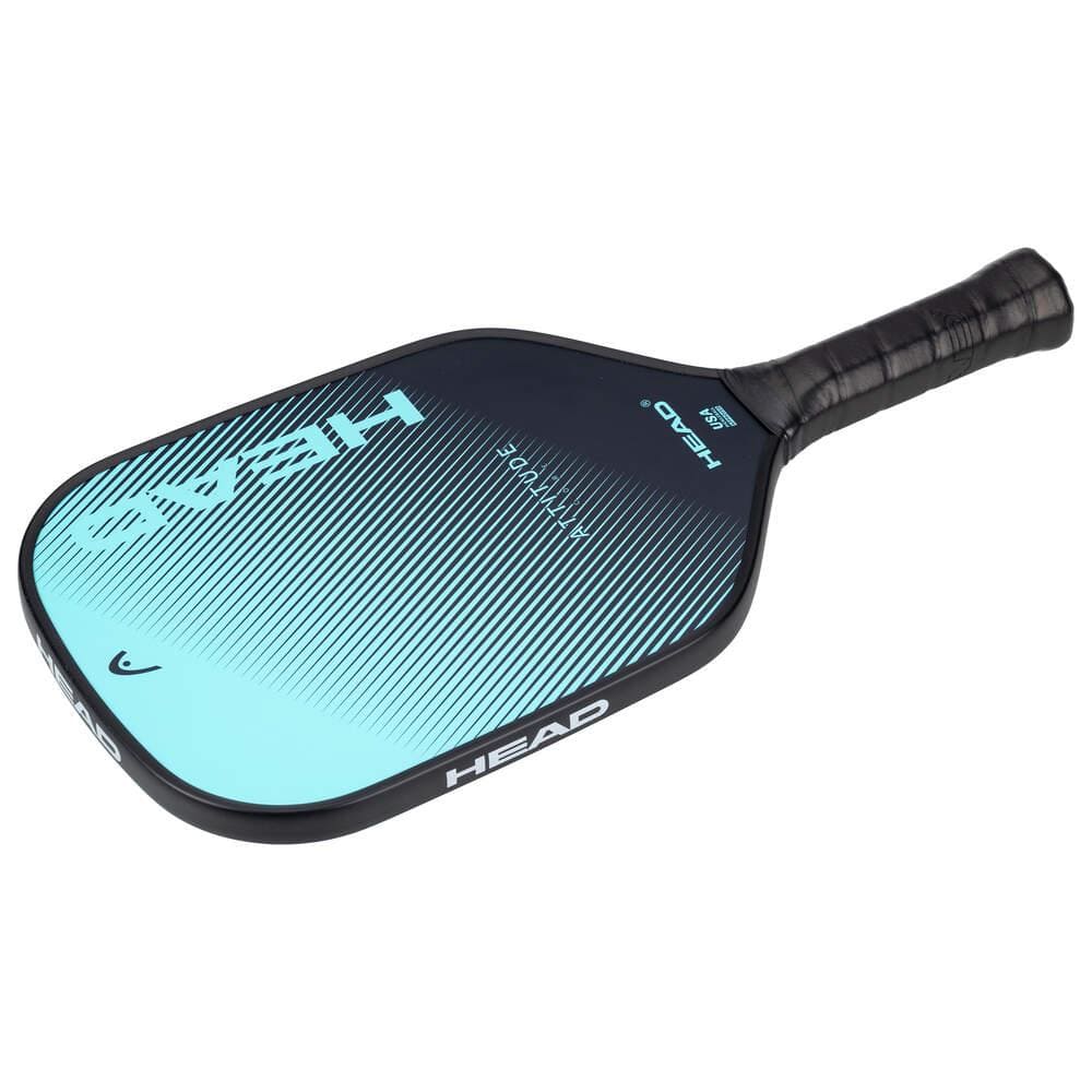 The HEAD Attitude Core Pickleball Paddle is a blue and black, lightweight paddle with a textured grip handle, gradient stripe design, and HEAD branding—ideal for players seeking a quality entry-level option.
