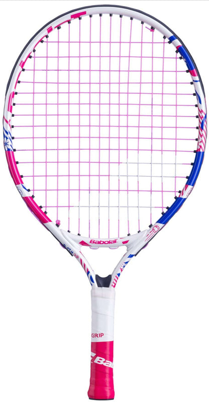 The Babolat B-Fly 17 Junior Tennis Racket is a vibrant tennis racket designed for beginners, featuring a white frame adorned with blue and pink accents. It has a white grip and pink strings, making it an ideal choice for children's tennis equipment. The brand name, Babolat, is prominently displayed on the frame.