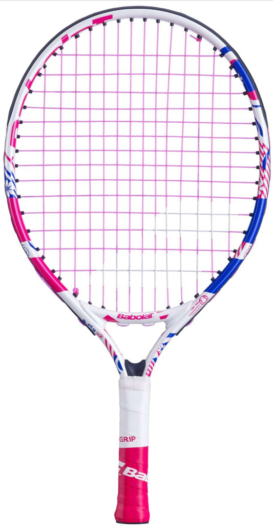 The Babolat B-Fly 17 Junior Tennis Racket is a vibrant tennis racket designed for beginners, featuring a white frame adorned with blue and pink accents. It has a white grip and pink strings, making it an ideal choice for children's tennis equipment. The brand name, Babolat, is prominently displayed on the frame.