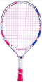 The Babolat B-Fly 17 Junior Tennis Racket is a vibrant tennis racket designed for beginners, featuring a white frame adorned with blue and pink accents. It has a white grip and pink strings, making it an ideal choice for children's tennis equipment. The brand name, Babolat, is prominently displayed on the frame.