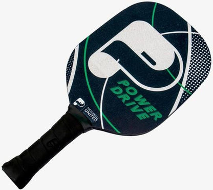 The Pickleball United Power Drive Pickleball Paddle features a black face with a large white "P" logo, green and white curved lines, a cork core for control, and a comfortable black grip handle.