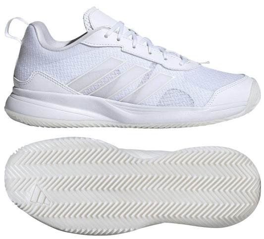 The adidas AvaFlash Women's Tennis Shoes in white feature a mesh upper, signature three stripes, and a textured zigzag rubber sole designed for optimal court performance. Shown from the side and bottom.