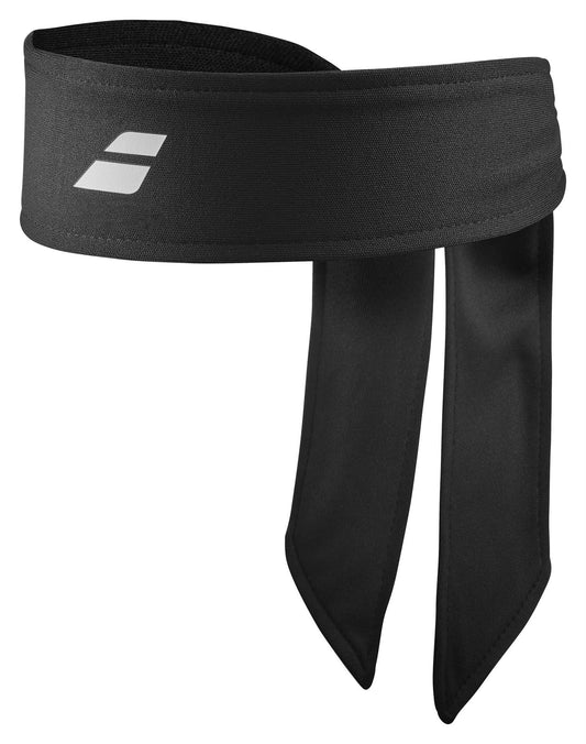 The Babolat Tie Tennis Headband - Black, with technical construction, features two hanging tails and a small white logo on the front. Designed for performance, it ensures excellent sweat absorption to help you stay focused during your game.