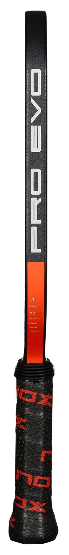 Side view of the NOX Pro Evo Pickleball Paddle by NOX, featuring "PRO EVO" on the shaft and a black grip with red text. This carbon fiber paddle is engineered for improved spin and control.
