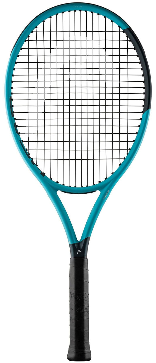 The HEAD IG Boom XCEED Tennis Racket by HEAD, in blue and black with a black grip and strings, made from graphite, is displayed against a white background.