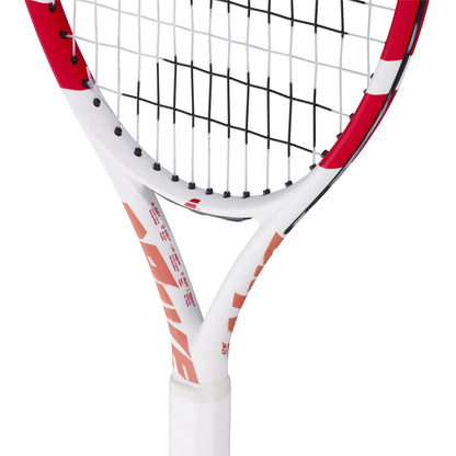 Close-up of the Babolat Drive Junior 23 Tennis Racket’s head and handle with black strings and the Babolat logo—ideal for young players looking for a quality kids’ tennis racket.