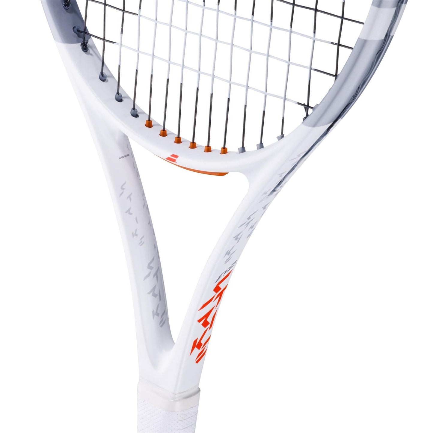 Close-up view of the Babolat Evo Strike Gen 2 Tennis Racket, showcasing a white design with red and grey accents. Crafted by Babolat for power and control, it features black strings and detailed accents on the frame.
