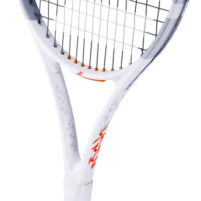 Close-up view of the Babolat Evo Strike Gen 2 Tennis Racket, showcasing a white design with red and grey accents. Crafted by Babolat for power and control, it features black strings and detailed accents on the frame.