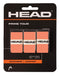 The HEAD Prime Tour Tennis Overgrip (3 Pack) in salmon features three grips with the HEAD logo. They are 0.60 mm thick, weigh 5.0 g each, and are labeled "Tackiness" and "Comfort," enhancing your play.