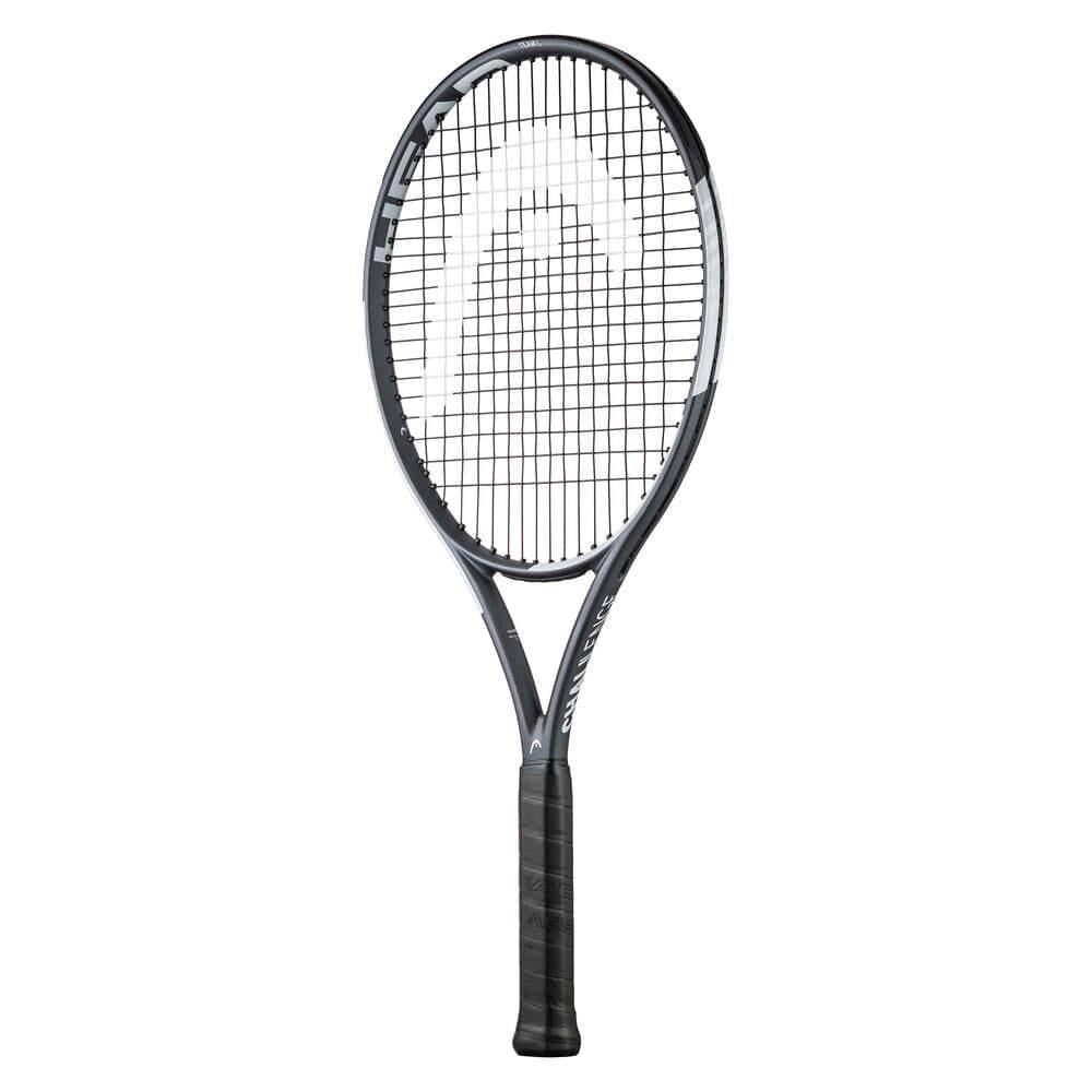 Introducing the HEAD IG Challenge Team L Tennis Racket - Stealth, a striking black and white racket featuring a mesh net and solid black handle. The iconic HEAD brand logo is prominently displayed on the strings. Designed with an oversized head size, this sleek, modern racket is ideal for performance play, providing exceptional precision with the lightest feel in its category.