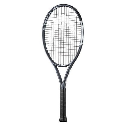 Introducing the HEAD IG Challenge Team L Tennis Racket - Stealth, a striking black and white racket featuring a mesh net and solid black handle. The iconic HEAD brand logo is prominently displayed on the strings. Designed with an oversized head size, this sleek, modern racket is ideal for performance play, providing exceptional precision with the lightest feel in its category.