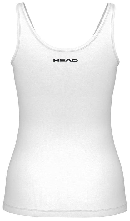 The HEAD Spirit II Women's Tennis Tank Top in white features bold "HEAD" lettering on the chest. It's designed with cooling technology and Moisture Transfer Microfiber, offering ultimate comfort and stylish performance both on and off the court.