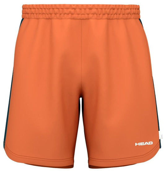 Orange HEAD Power Men's Tennis Shorts feature an elastic waistband, a small white logo on the lower right side, and offer 4-way stretch for comfort and agility on or off the court.