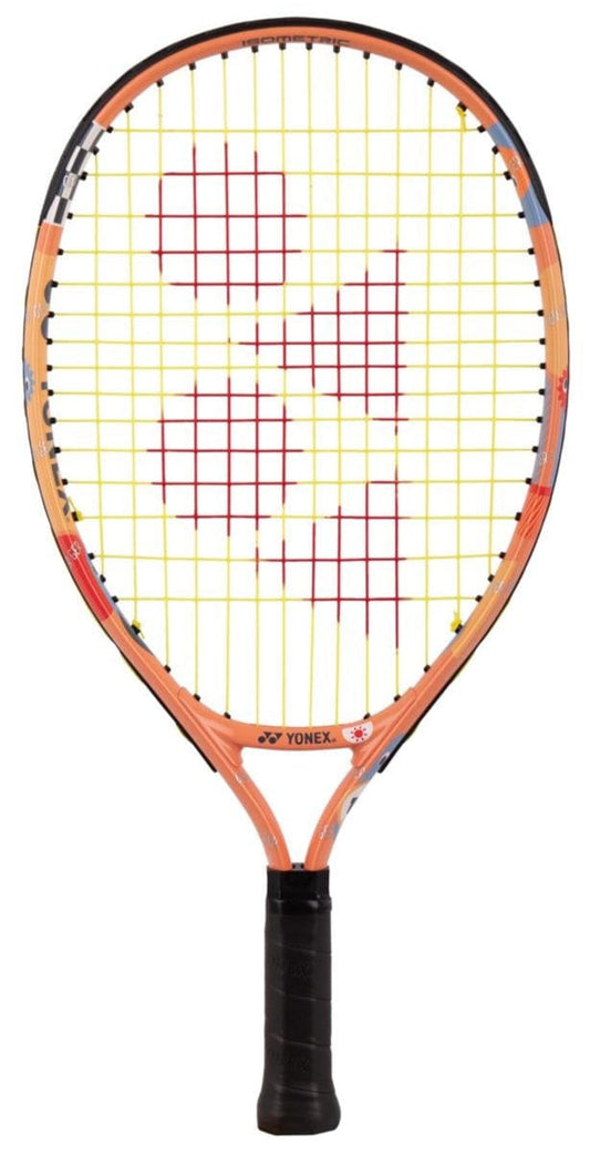The Yonex Junior 19 Coral Orange Tennis Racket by Yonex, featuring an orange frame, yellow strings with a red logo, and black handle, is displayed against a white background—ideal for kids or beginner players.