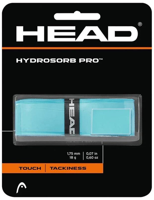 The HEAD HydroSorb Pro Replacement Tennis Grip - Celeste features a super tacky, high-quality design ideal for racquets. The light blue packaging displays "Touch" and "Tackiness" details, weighs 18g, and is 1.75mm thick, with white and orange text on a black background highlighting its premium quality.