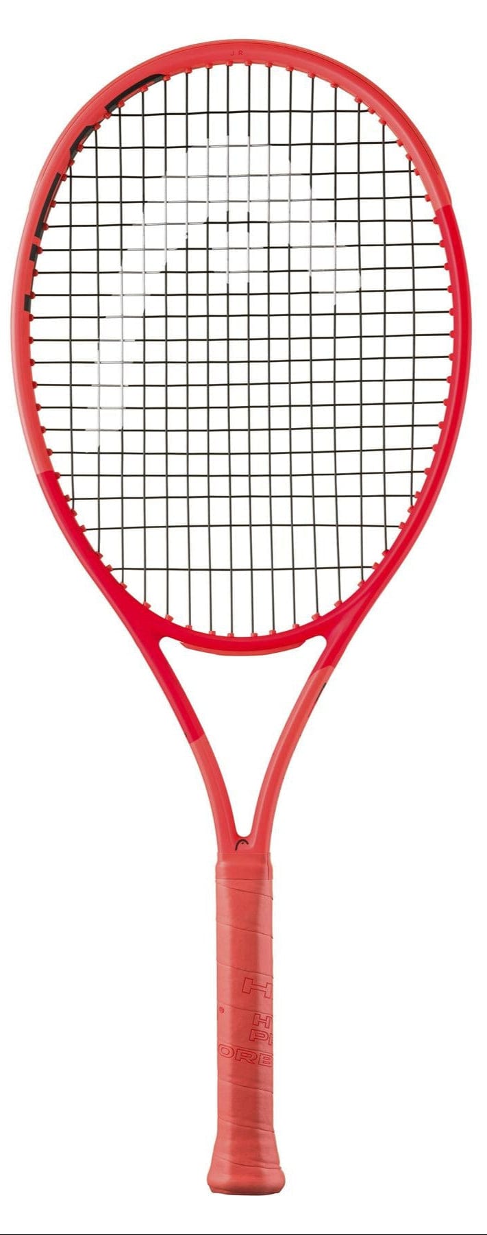 The HEAD Radical Junior 2025 Tennis Racket by HEAD, with Auxetic 2.0 technology, a red frame, black strings, and wrapped handle, is shown vertically against a white background.