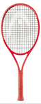 The HEAD Radical Junior 2025 Tennis Racket by HEAD, with Auxetic 2.0 technology, a red frame, black strings, and wrapped handle, is shown vertically against a white background.