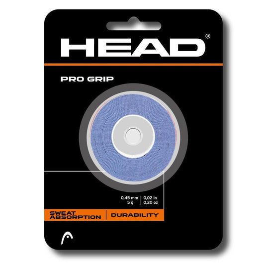 Explore the HEAD Pro Grip Overgrip 3 Pack in blue, recommended by tennis champion Andy Murray. This overgrip provides outstanding sweat absorption and durability. With a thickness of 0.45 mm and a light weight of just 5g (0.20 oz), it comes beautifully packaged with a black background featuring vibrant orange and white text.