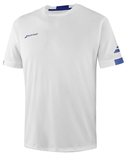 The Babolat Play Men's Crew Neck Tennis T-Shirt in white boasts a classic cut with short sleeves, featuring subtle blue details and the "Babolat" brand name displayed on the chest. Crafted from Fiber Dry-polyester, its uncomplicated and sporty design makes it ideal for athletic pursuits.