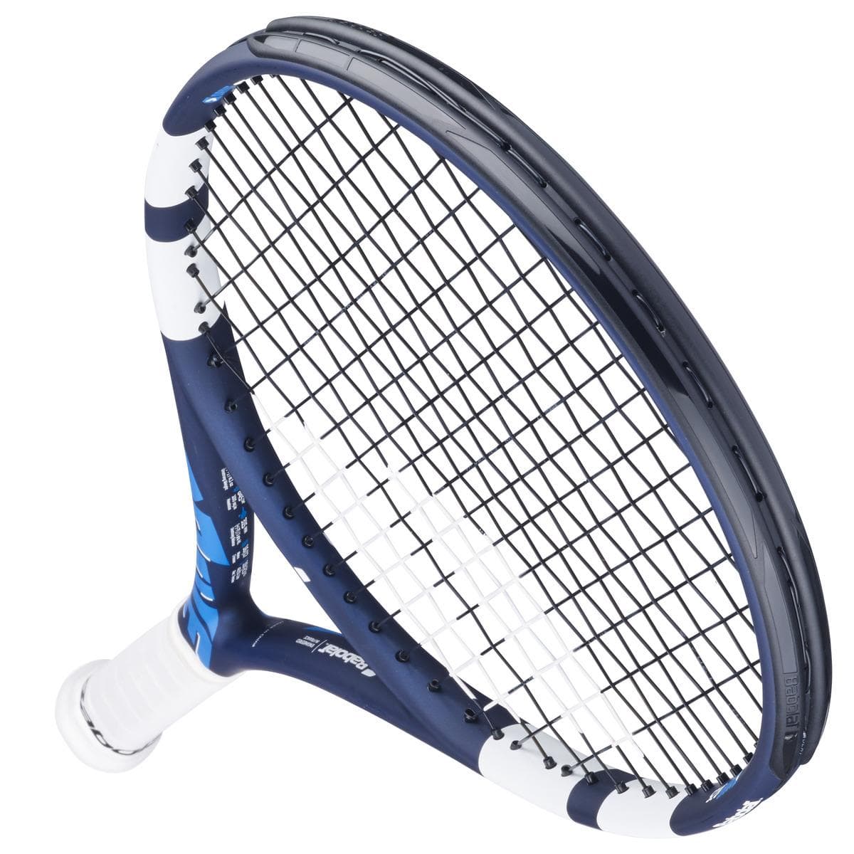 A close-up of the Babolat Drive Junior 25 Tennis Racket by Babolat, featuring black strings and a white grip, perfect for intermediate players, shown angled against a plain white background.