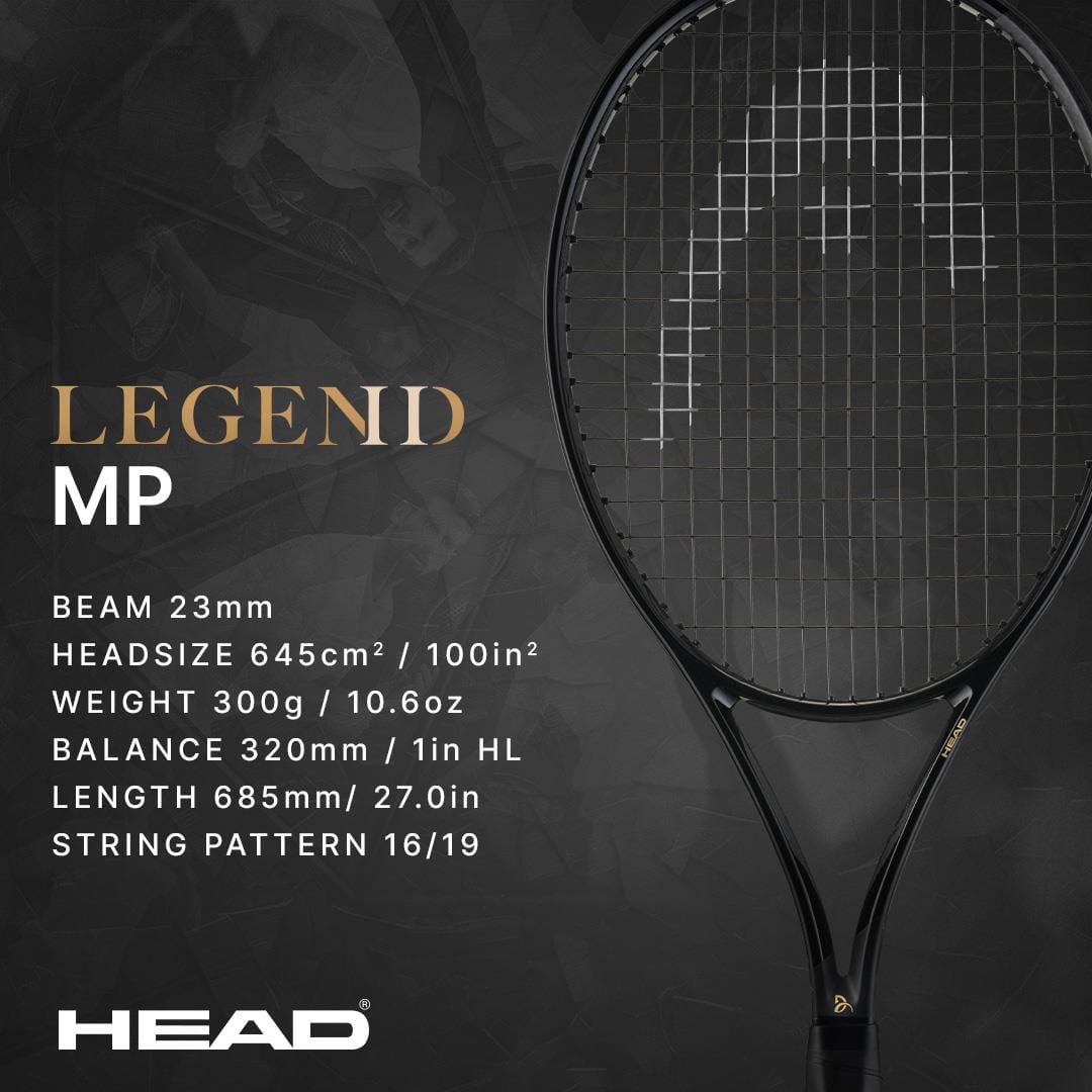 The HEAD Speed MP Legend 2025 Tennis Racket in black, inspired by Novak Djokovic, is shown with its specs: 23mm beam, 645cm²/100in² headsize, 300g/10.6oz weight, 320mm balance (1in HL), and 685mm/27in length. HEAD logo below.