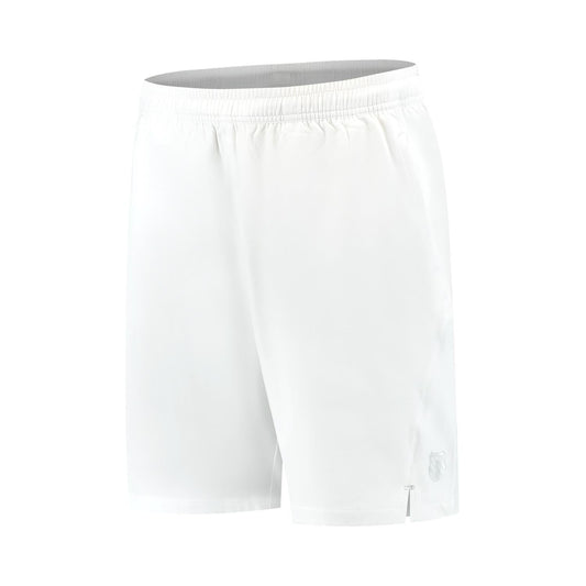 K-Swiss Hypercourt 7" Men's Tennis Shorts in white feature an elastic waistband, subtle logo near the hem, and high-quality four-way stretch polyester. The smooth, slightly shiny fabric is perfect for sports or casual wear, with a knee-length cut and simple design.