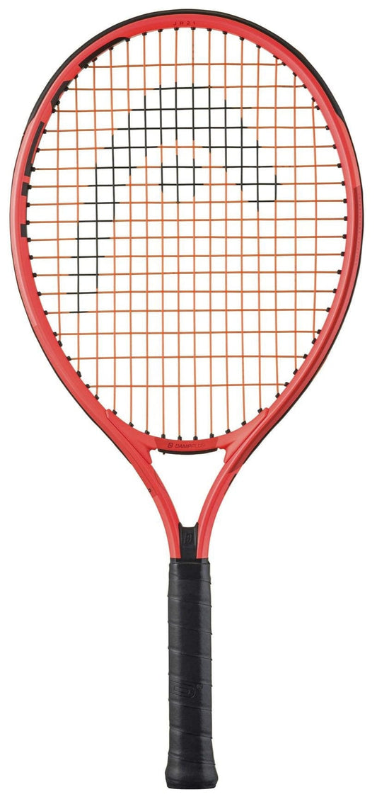 A HEAD Radical Junior 21 2025 Tennis Racket in red and black with a black grip is displayed upright against a white background.
