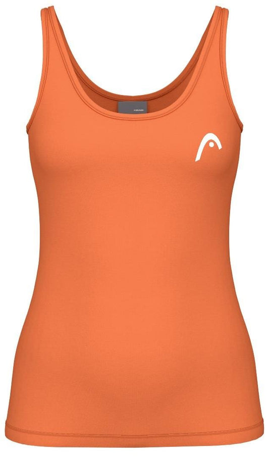 The HEAD Spirit II Women's Tennis Tank Top in vibrant orange boasts a scoop neckline and a small white logo on the upper left. Made with moisture-transfer microfiber and cooling technology, it ensures comfort both on and off the court.