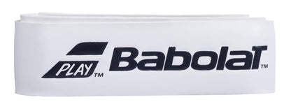 Close-up of a white Babolat Syntec Team X1 Replacement Tennis Grip, celebrated for its thin grip design, featuring "PLAY" and the Babolat logo in black. Ideal for improving racket feedback on the court.