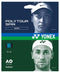 The Yonex Polytour Spin Tennis String (12m) - Cobalt Blue package is divided into two sections: the blue upper half showcases Naomi Osaka wearing a sports headband, while the green lower half features Casper Ruud. Made from polyester tennis string by Yonex, it promises excellent spin. The packaging emphasizes specifications and branding.