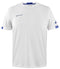 Introducing the Babolat Play Men's Crew Neck Tennis T-Shirt in classic white, designed by Babolat. It features a subtle blue logo on the left chest and two blue stripes on each sleeve. Crafted from Fiber Dry polyester, this t-shirt ensures a lightweight feel, making it ideal for both sports and casual occasions.