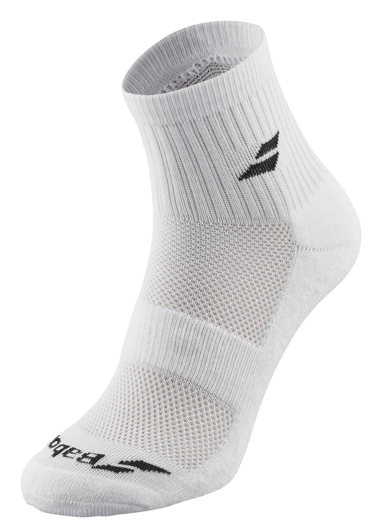 The Babolat Quarter 3 Pack Tennis Socks in white provide comfort and support, featuring gray accents and ventilated zones for improved breathability. The socks are adorned with a black Babolat logo on the side and have "Babolat" printed across the toe area.