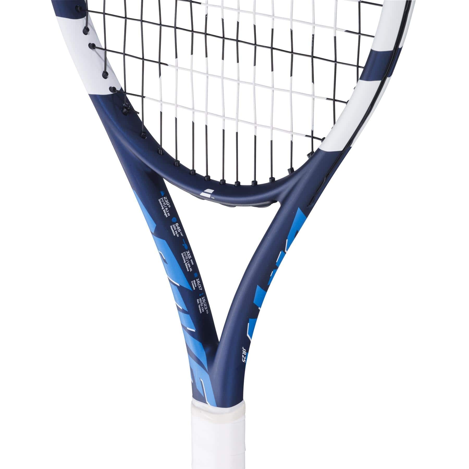 Close-up of the Babolat Drive Junior 25 Tennis Racket by Babolat in blue and white, showcasing detailed strings and a white grip—perfect for intermediate players.