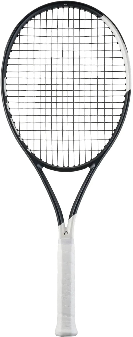 The HEAD Speed MP 2026 Tennis Racket by HEAD, in black and white with a white grip, designed for intermediate and advanced players, is displayed upright against a plain white background.