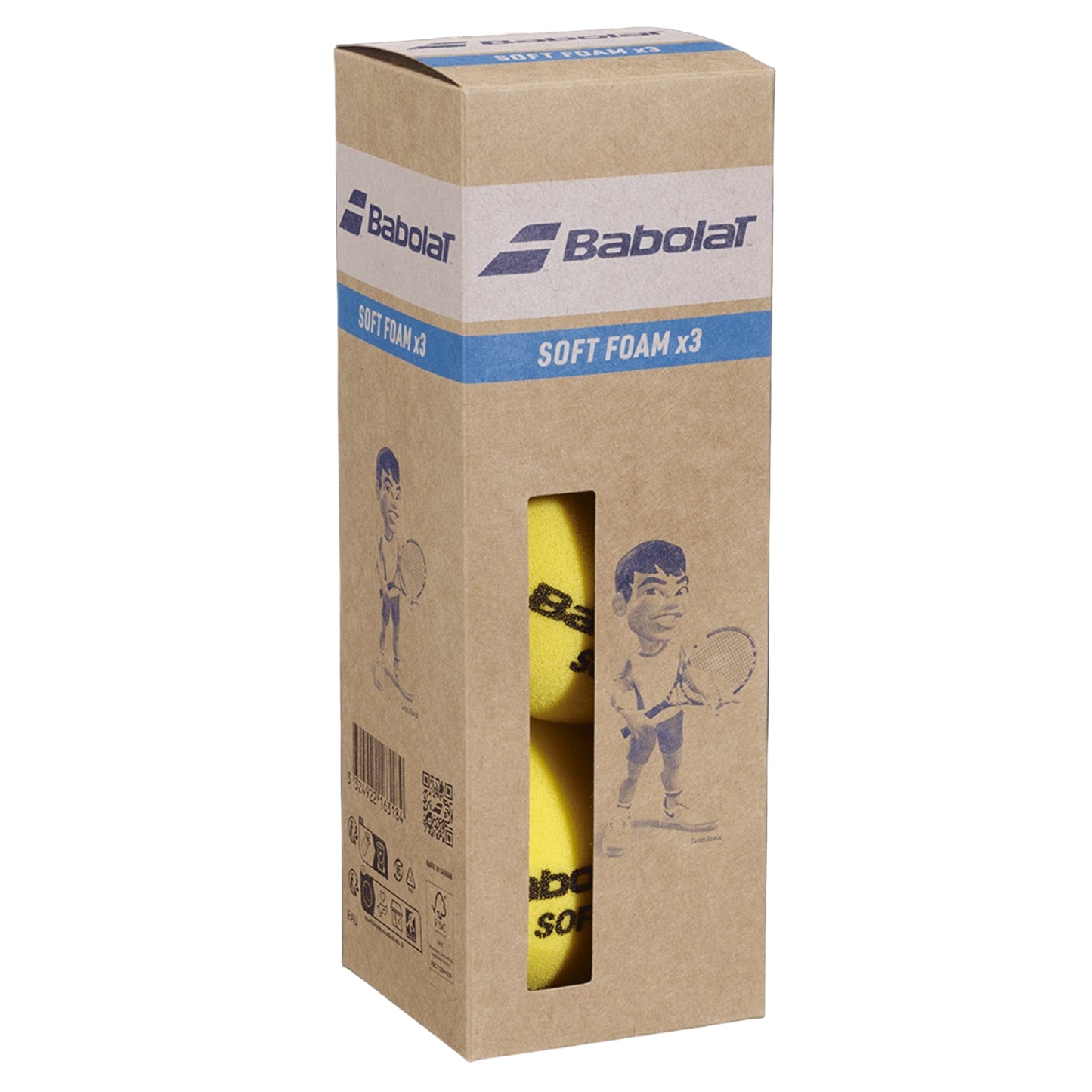 The Babolat Soft Foam X3 Tennis Balls come in a cardboard box with the Babolat logo, “SOFT FOAM x3” label, a cartoon player, and a cutout showing two yellow balls—ideal for young beginners learning tennis.