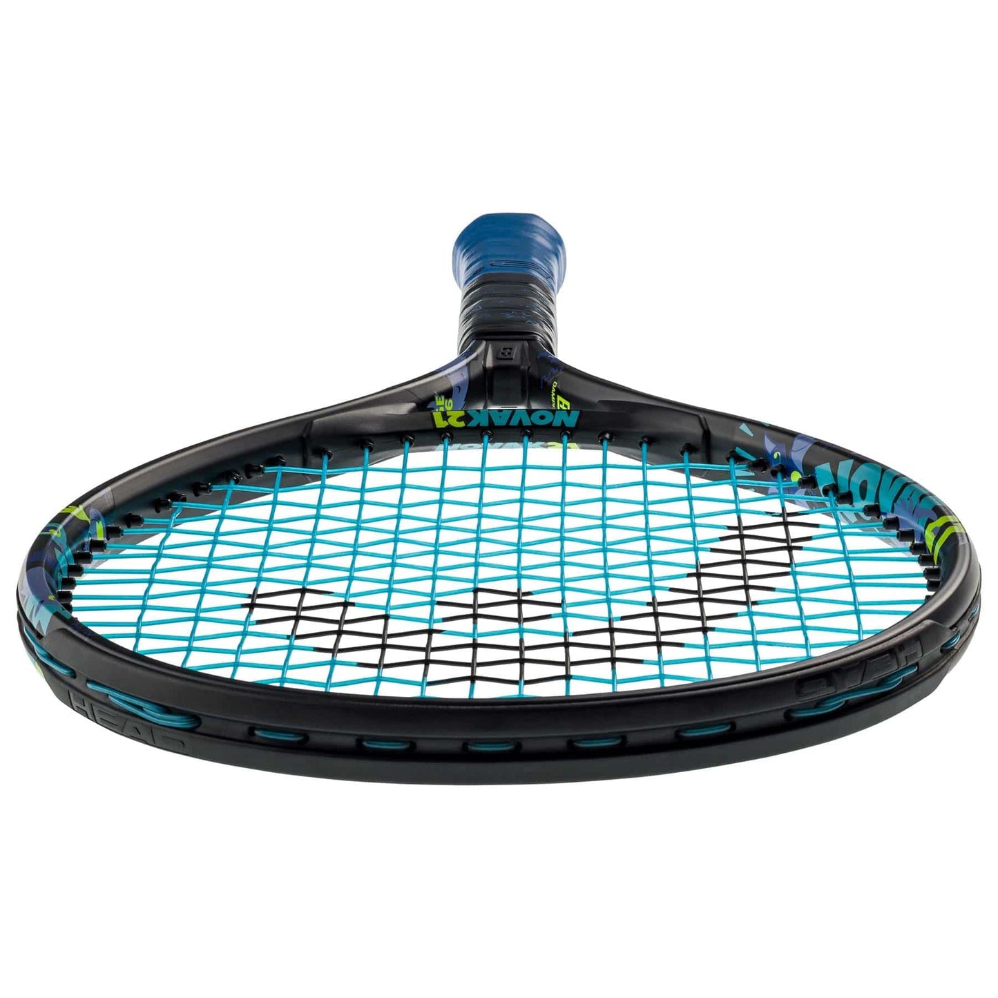 A close-up of the HEAD Novak 21 Junior Tennis Racket in black and blue emphasizes its sleek design. An angled perspective showcases the strings, frame, and a blue grip on the handle. Enhanced with a Damp+ insert for added comfort, this racket represents the excellence of HEAD ambassador Novak Djokovic.