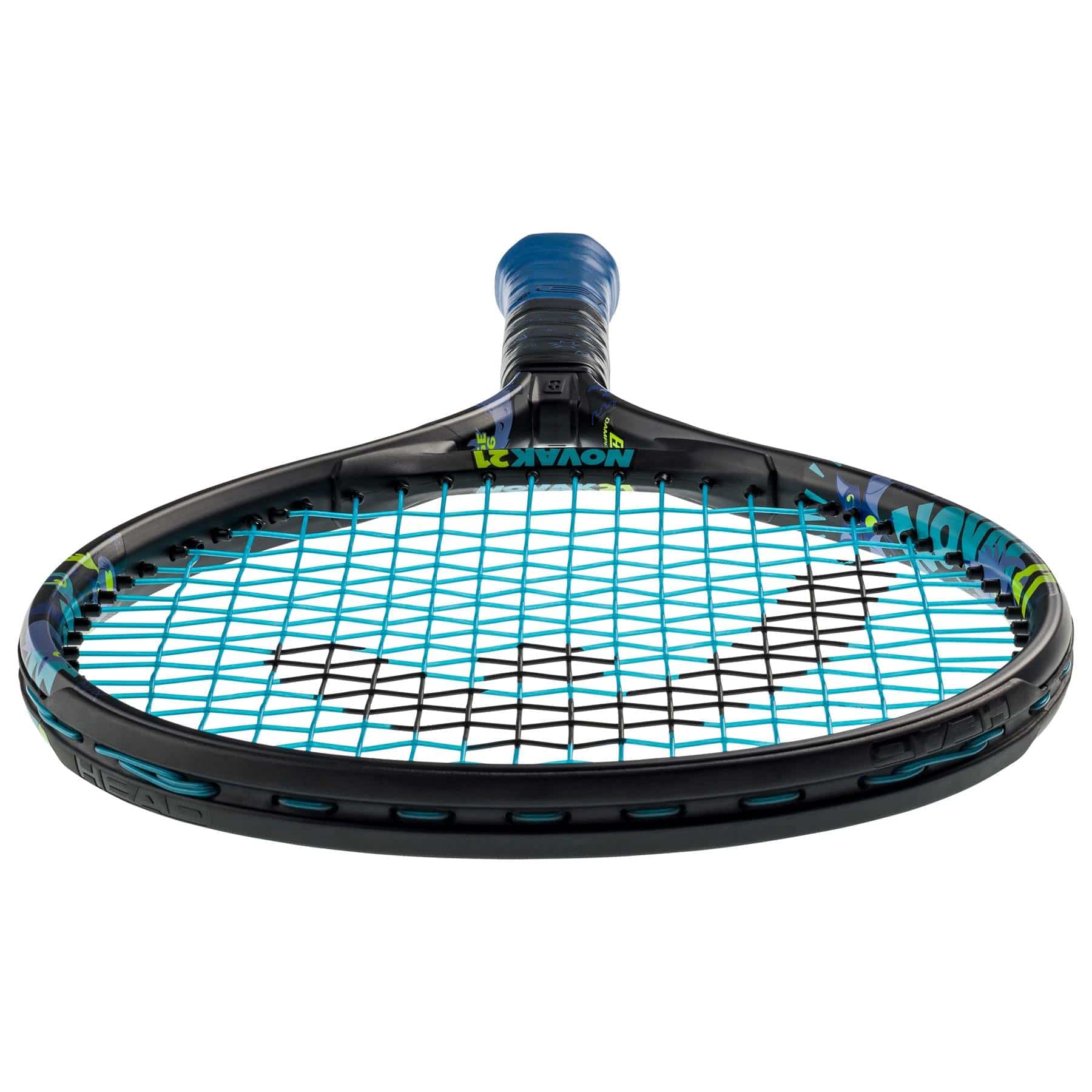 A close-up of the HEAD Novak 21 Junior Tennis Racket in black and blue emphasizes its sleek design. An angled perspective showcases the strings, frame, and a blue grip on the handle. Enhanced with a Damp+ insert for added comfort, this racket represents the excellence of HEAD ambassador Novak Djokovic.
