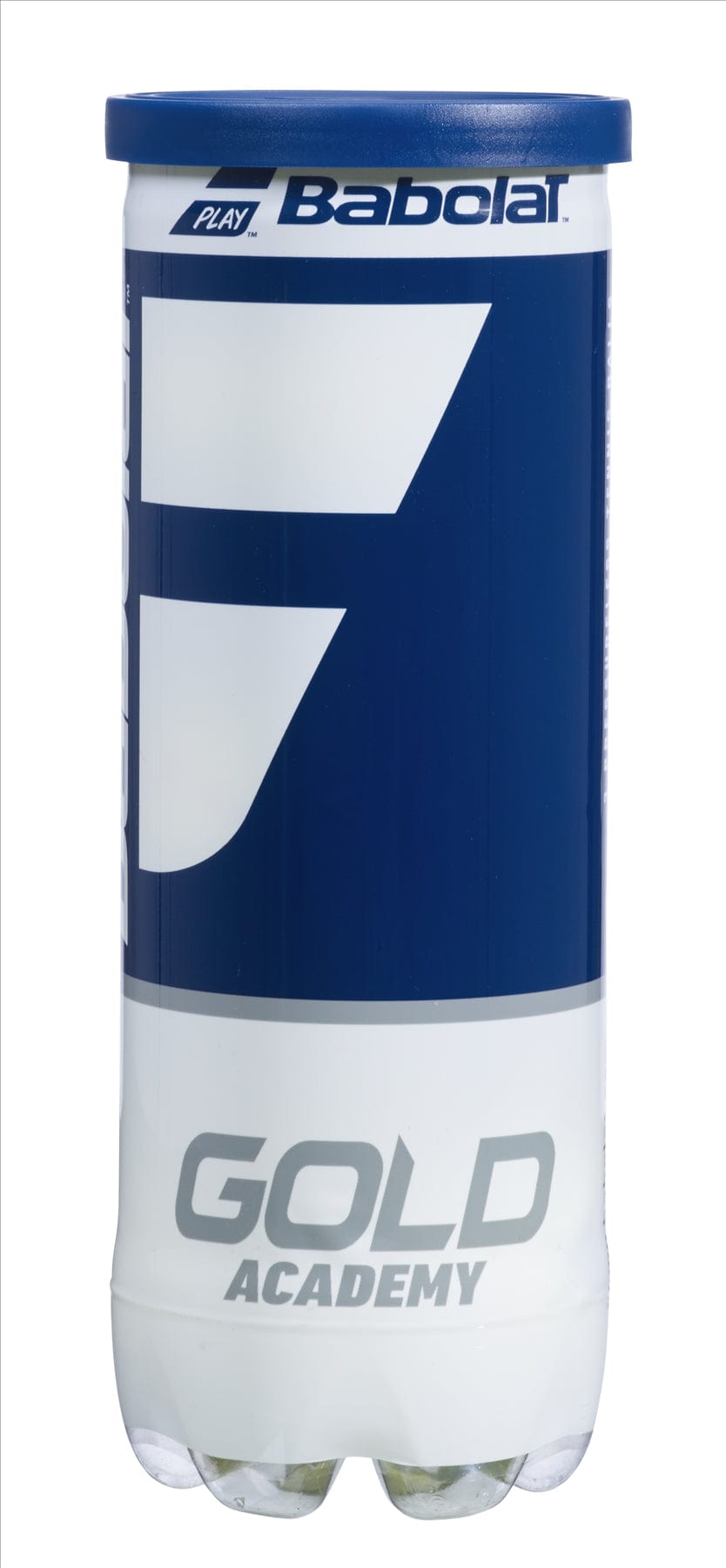 The Babolat EVO Gold Academy Tennis Balls come in a 3-ball tube and are ideal for beginner to intermediate players. Featuring a blue and white design, the distinguished Babolat logo is prominently displayed at the top.