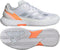The adidas Defiant Speed 2 Women's Tennis Shoes in Cloud White, Halo Blue, and Beam Orange feature a mesh upper, silver accents, orange details, and a patterned rubber outsole for lightweight support—shown here in top and bottom views.