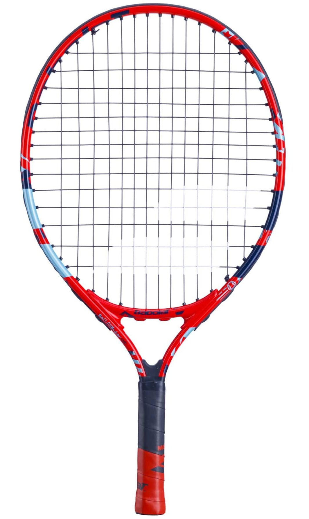 The Babolat BallFighter 19 Junior Tennis Racket by Babolat, ideal for young learners of the sport, showcases a vibrant frame combining blue and red with black strings. Displayed against a white background, the racket's handle is wrapped in red and black grip tape to provide an exceptional teaching grip experience.