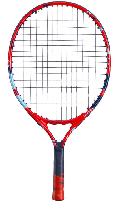 The Babolat BallFighter 19 Junior Tennis Racket by Babolat, ideal for young learners of the sport, showcases a vibrant frame combining blue and red with black strings. Displayed against a white background, the racket's handle is wrapped in red and black grip tape to provide an exceptional teaching grip experience.