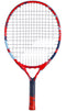 The Babolat BallFighter 19 Junior Tennis Racket by Babolat, ideal for young learners of the sport, showcases a vibrant frame combining blue and red with black strings. Displayed against a white background, the racket's handle is wrapped in red and black grip tape to provide an exceptional teaching grip experience.